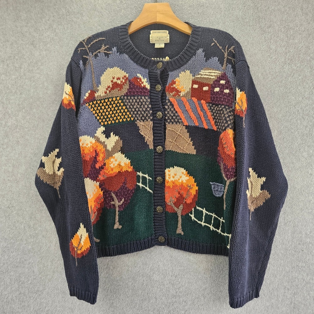 CHRISTOPHER & BANKS | Hand Embroidered Autumn Landscape Cardigan Sweater S VTG